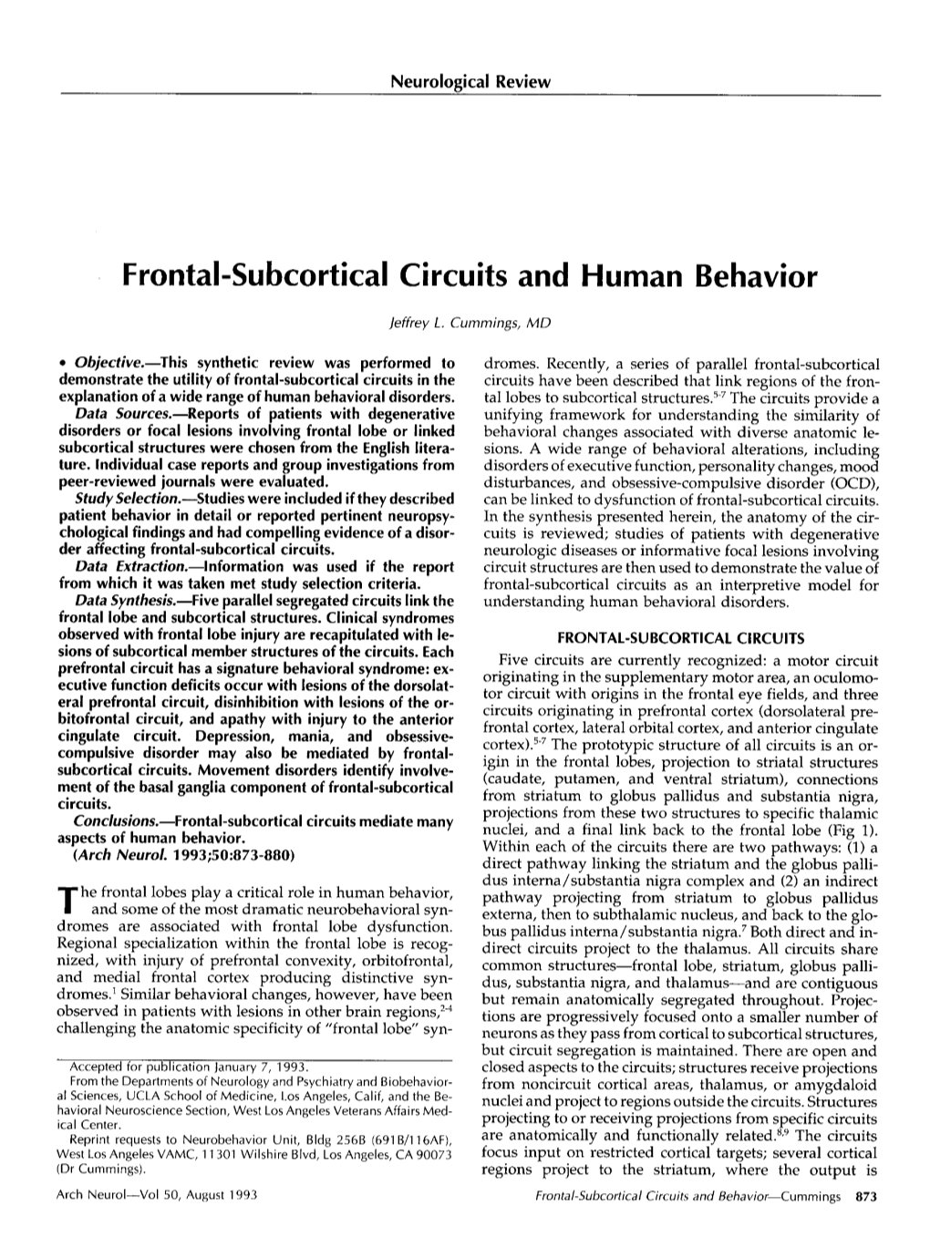 Frontal-Subcortical Circuits and Human Behavior
