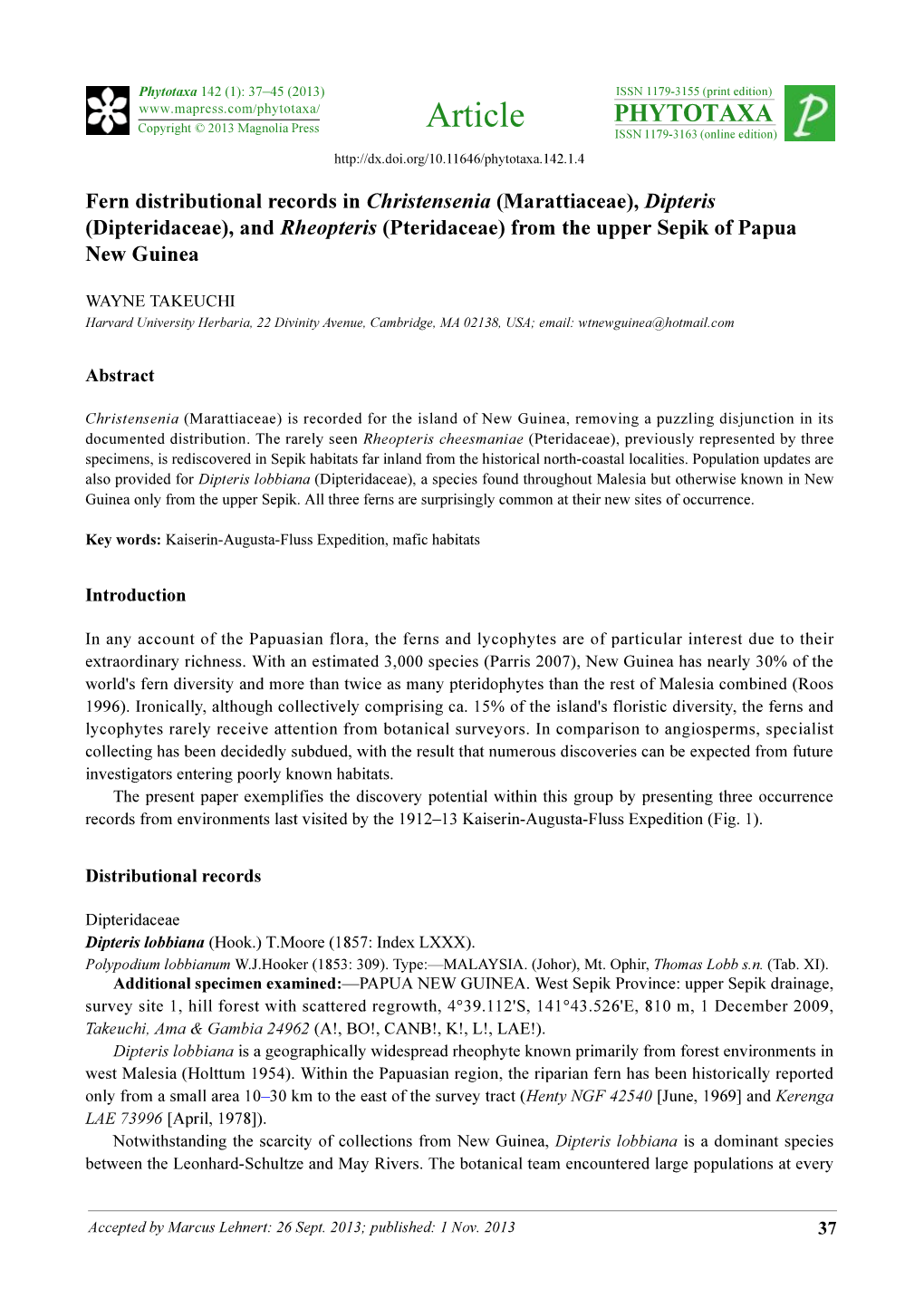 Fern Distributional Records in Christensenia (Marattiaceae), Dipteris (Dipteridaceae), and Rheopteris (Pteridaceae) from the Upper Sepik of Papua New Guinea