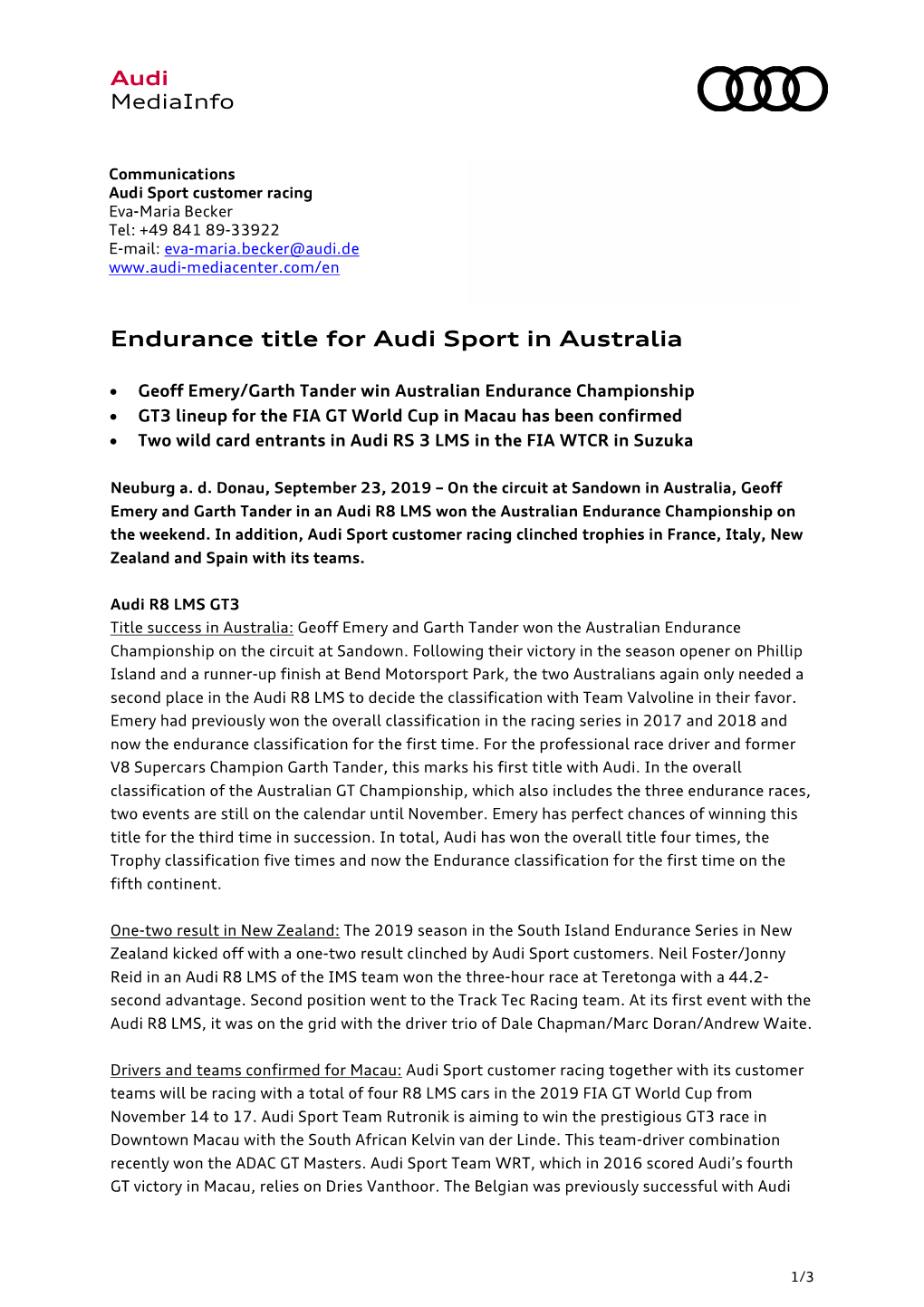 Endurance Title for Audi Sport in Australia