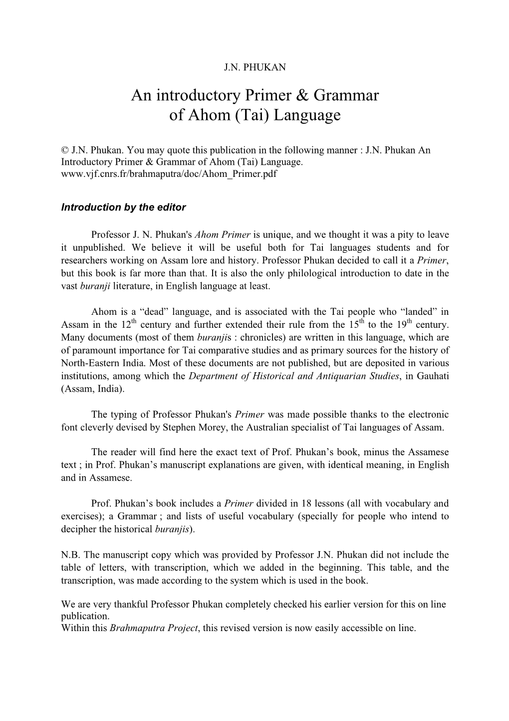 An Introductory Primer & Grammar of Ahom (Tai) Language