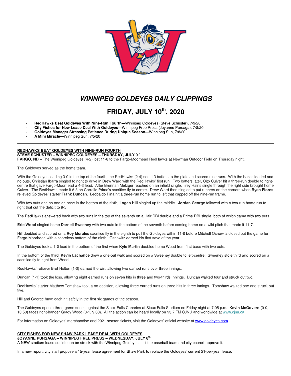 Winnipeg Goldeyes Daily Clippings Friday, July 10 , 2020