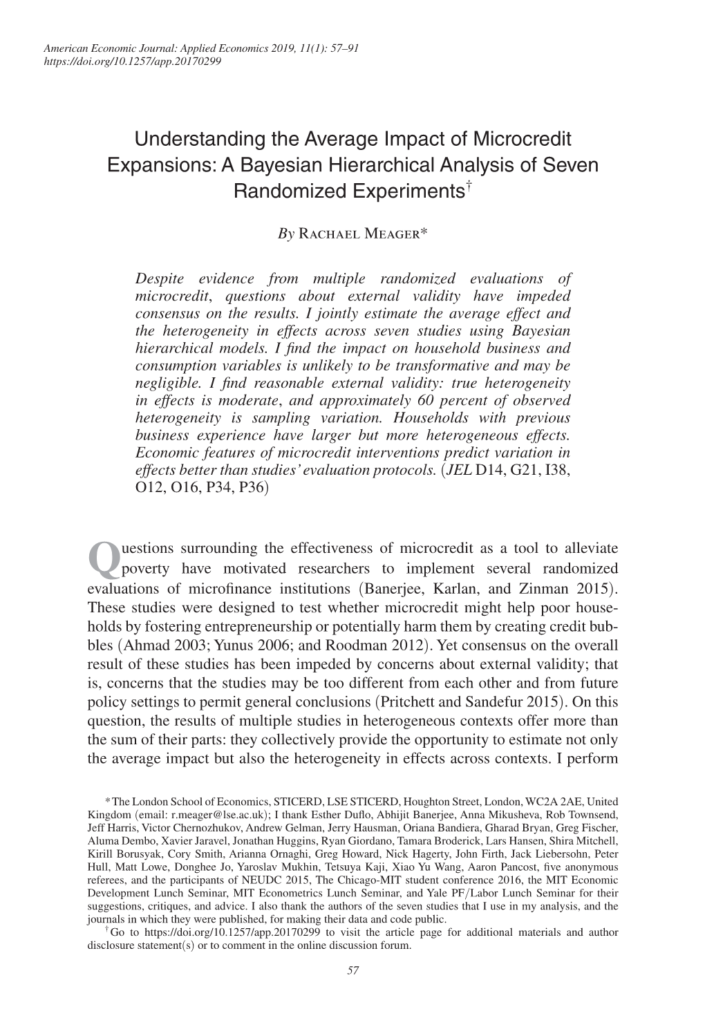 Understanding the Average Impact of Microcredit Expansions: a Bayesian Hierarchical Analysis of Seven Randomized Experiments†