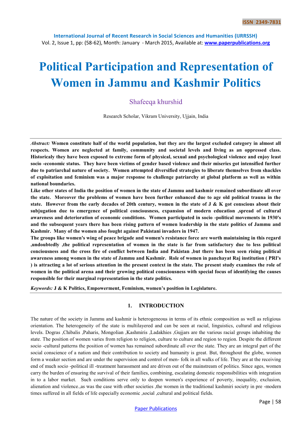 Political Participation and Representation of Women in Jammu and Kashmir Politics