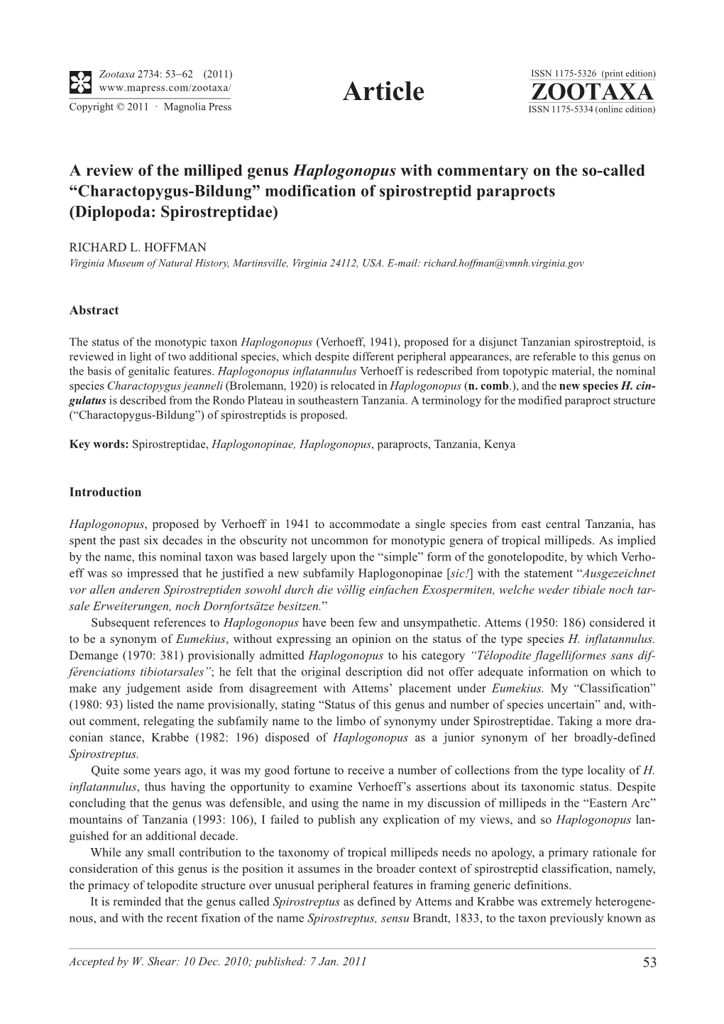 A Review of the Milliped Genus Haplogonopus with Commentary on the So-Called “Charactopygus-Bildung” Modification of Spirost