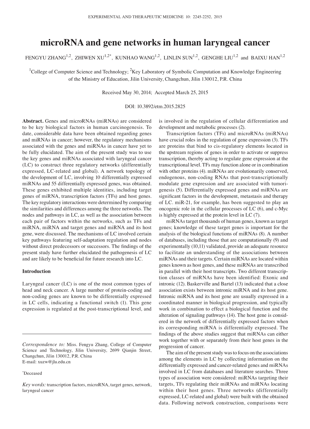 Microrna and Gene Networks in Human Laryngeal Cancer