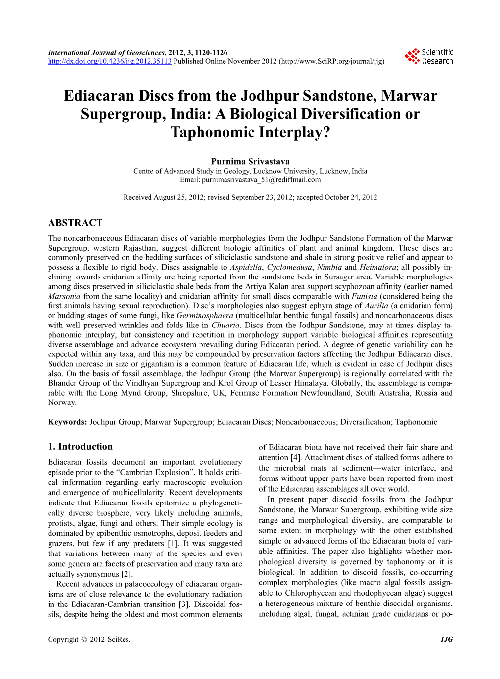 Ediacaran Discs from the Jodhpur Sandstone, Marwar Supergroup, India: a Biological Diversification Or Taphonomic Interplay?