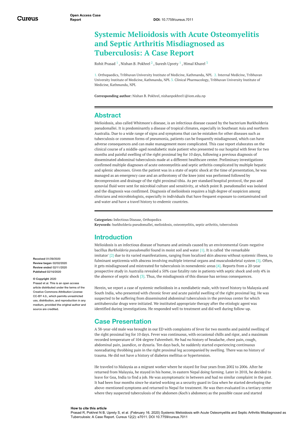 Systemic Melioidosis with Acute Osteomyelitis and Septic Arthritis Misdiagnosed As Tuberculosis: a Case Report