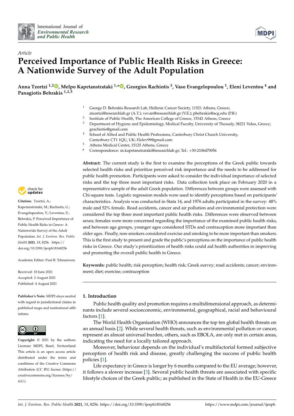 Perceived Importance of Public Health Risks in Greece: a Nationwide Survey of the Adult Population