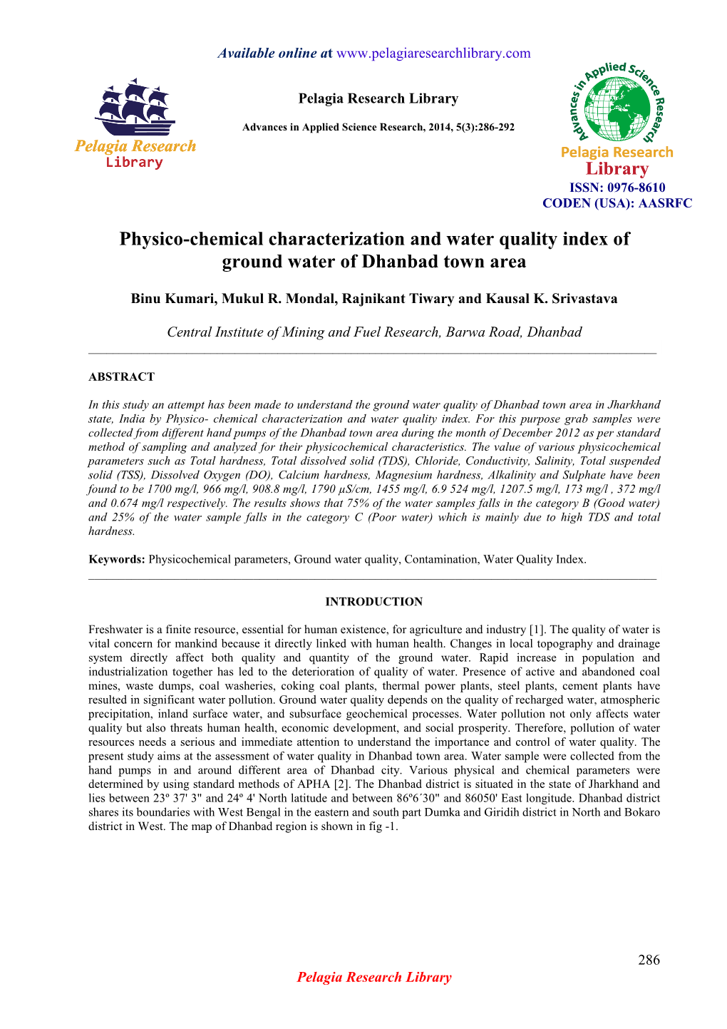 Physico-Chemical Characterization and Water Quality Index of Ground Water of Dhanbad Town Area