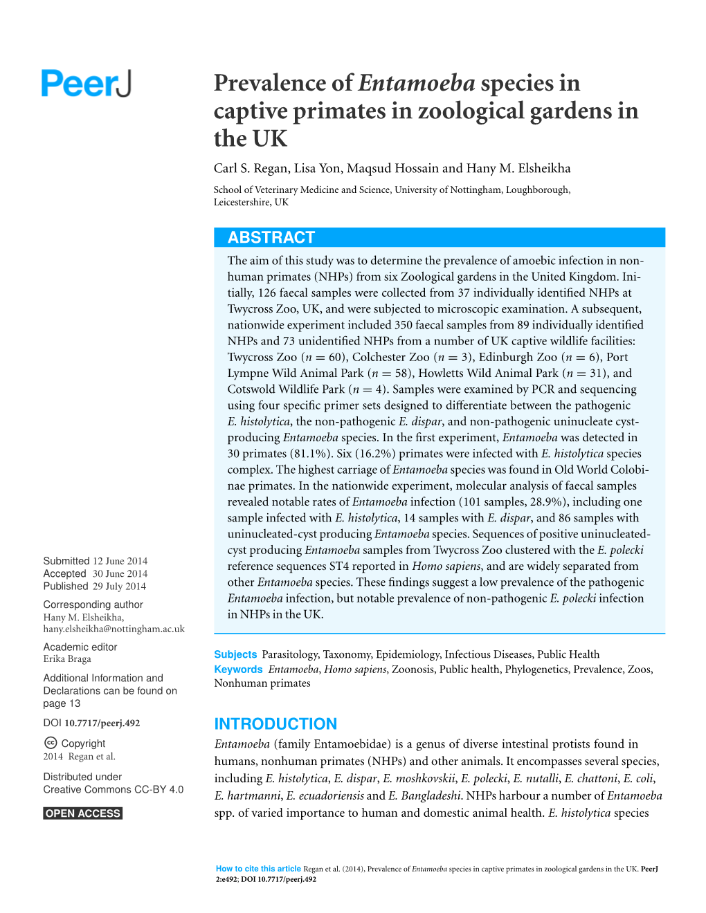 Prevalence of Entamoeba Species in Captive Primates in Zoological Gardens in the UK Carl S