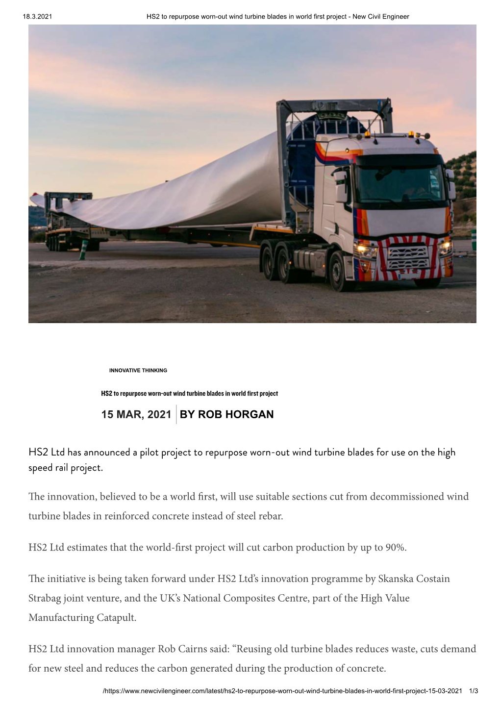 HS2 Ltd Has Announced a Pilot Project to Repurpose Worn-Out Wind Turbine Blades for Use on the High Speed Rail Project