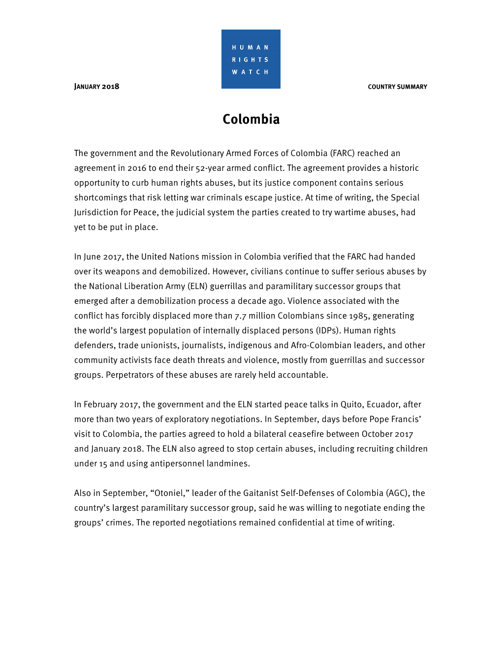HRW Colombia Report 2018