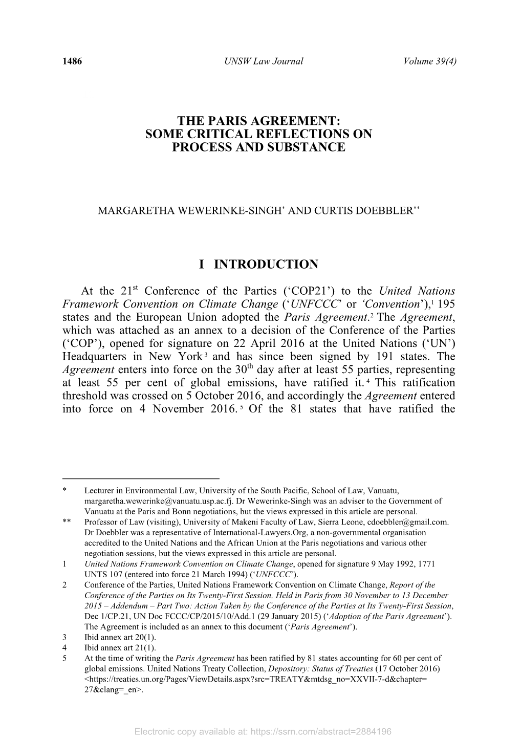 The Paris Agreement: Some Critical Reflections on Process and Substance I Introduction