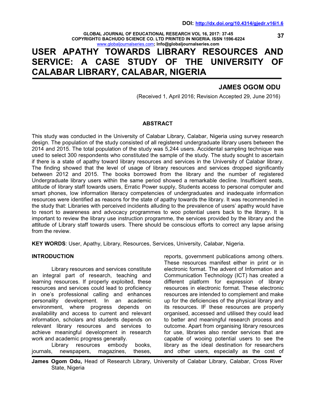 A Case Study of the University of Calabar Library, Calabar, Nigeria