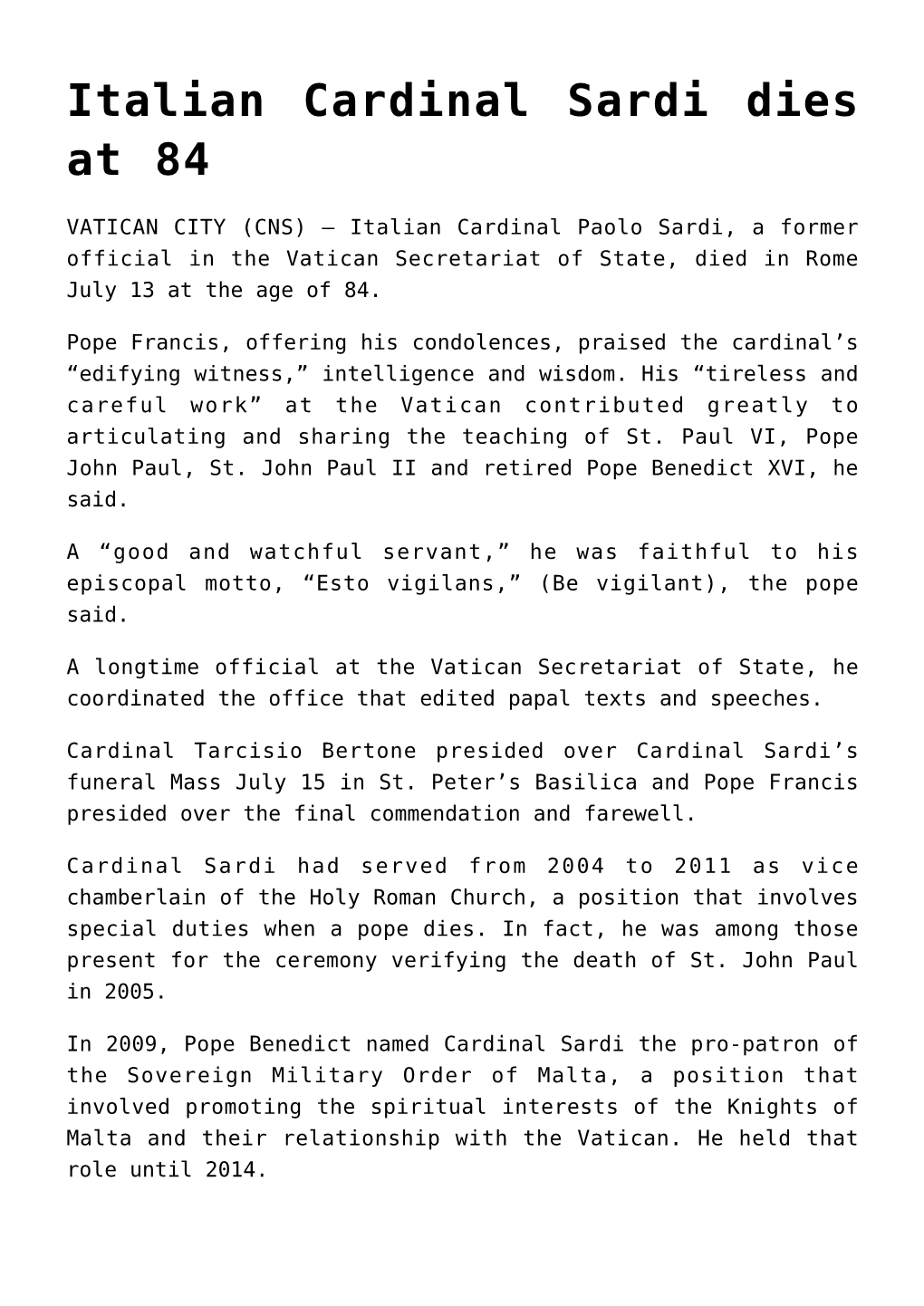 Italian Cardinal Sardi Dies at 84