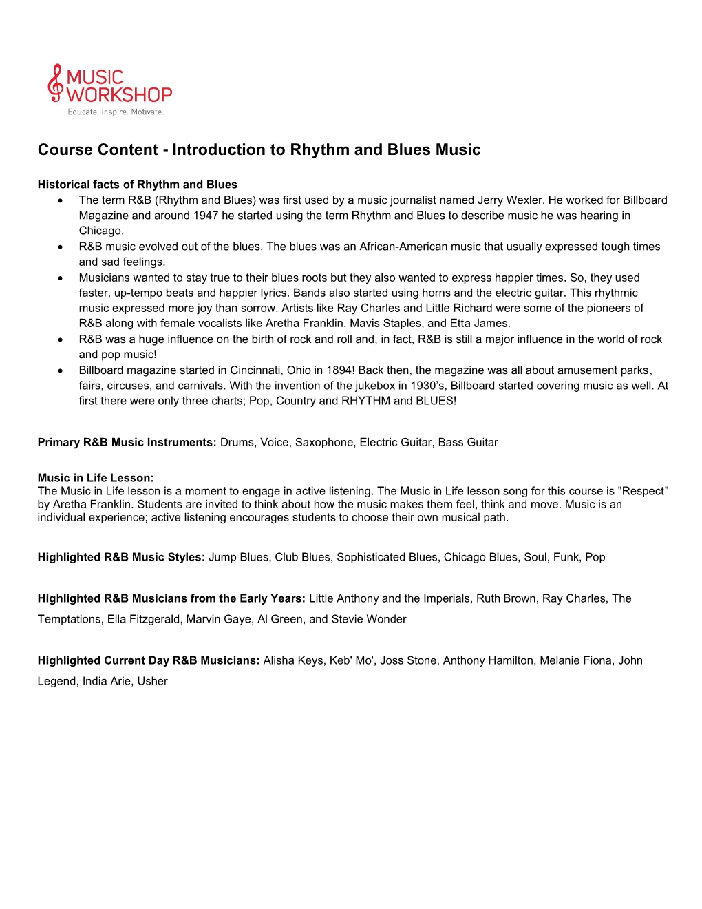 Course Content - Introduction to Rhythm and Blues Music