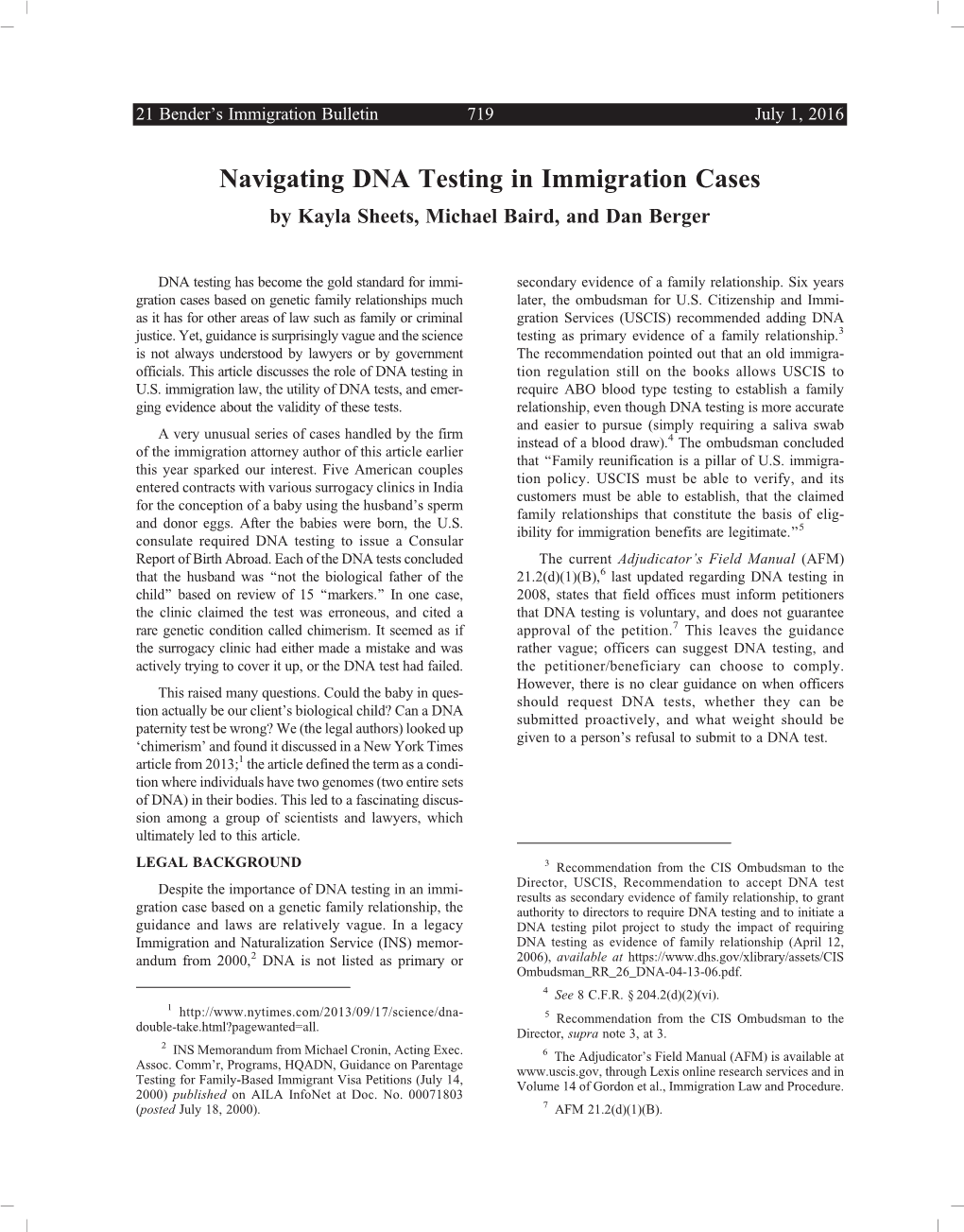Navigating DNA Testing in Immigration Cases by Kayla Sheets, Michael Baird, and Dan Berger
