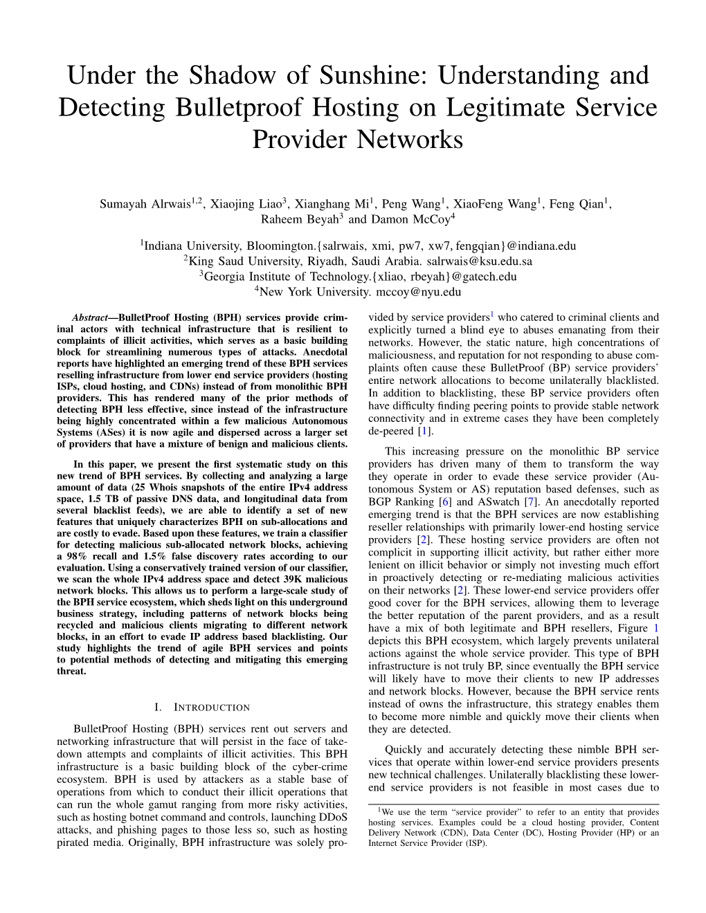 Under the Shadow of Sunshine: Understanding and Detecting Bulletproof Hosting on Legitimate Service Provider Networks