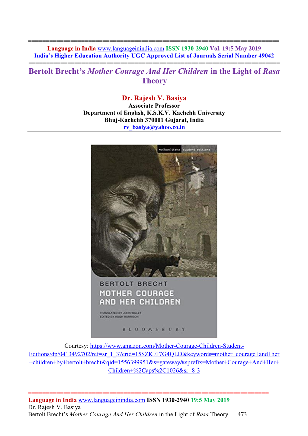 Bertolt Brecht's Mother Courage and Her Children in the Light of Rasa Theory