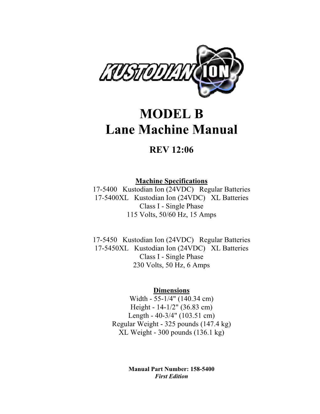 MODEL B Lane Machine Manual
