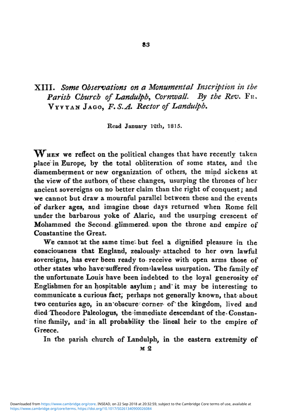 XIII. Some Observations on a Monumental Inscription in the Parish Church of Landulpb, Cornwall. by the Rev. FR. VYVYAN JAGO, F.S.A