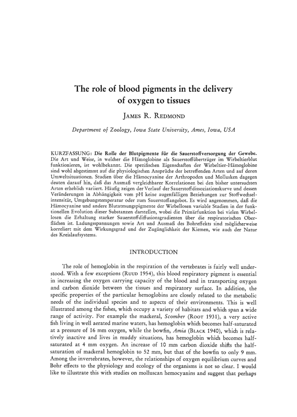 The Role of Blood Pigments in the Delivery of Oxygen to Tissues