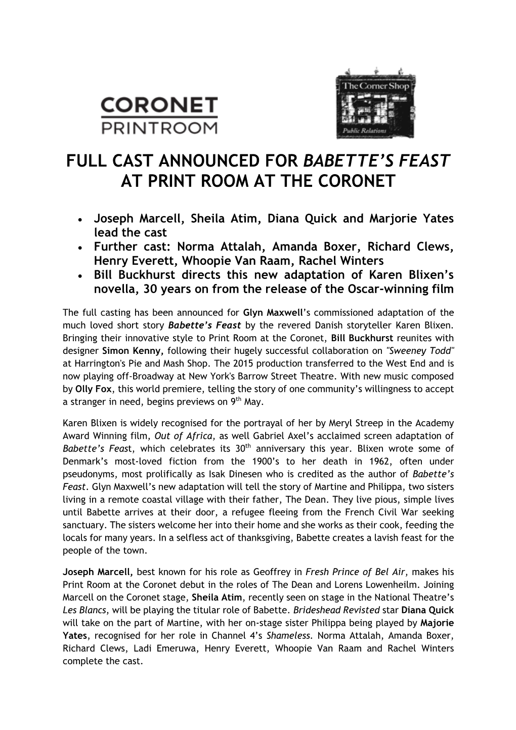 Full Cast Announced for Babette's Feast at Print Room at the Coronet