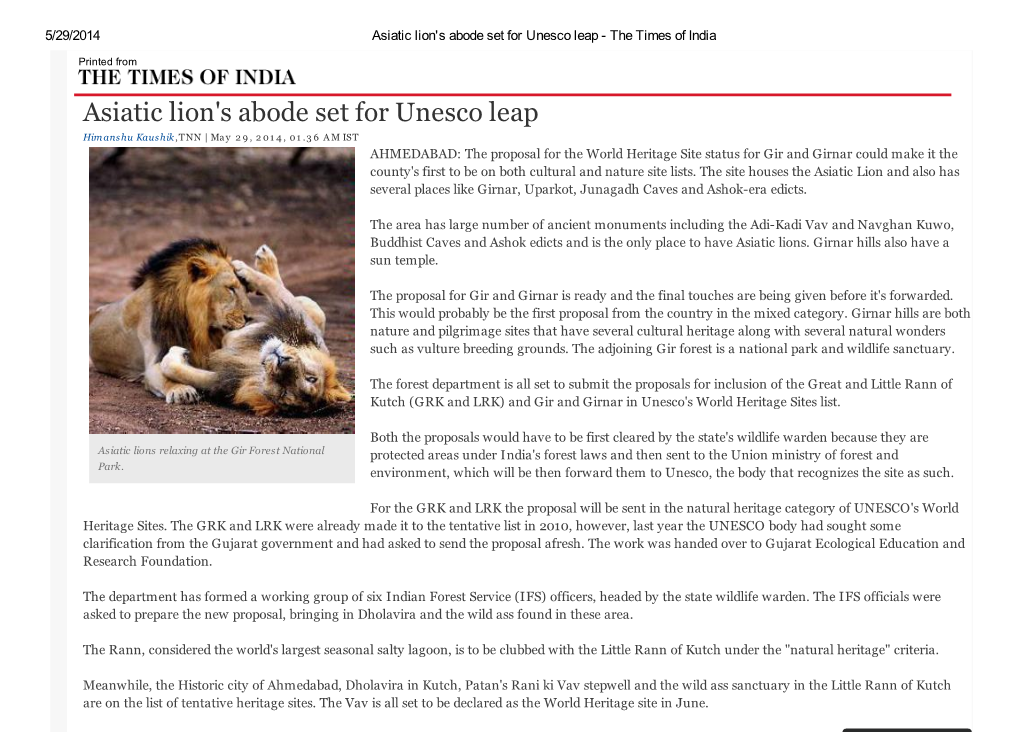 Asiatic Lion's Abode Set for Unesco Leap - the Times of India