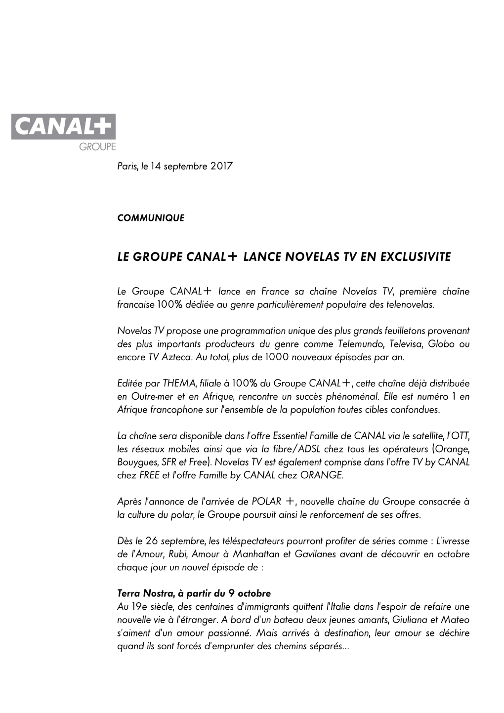 Communiqué Groupe Canal+ Lancement NOVELAS TV