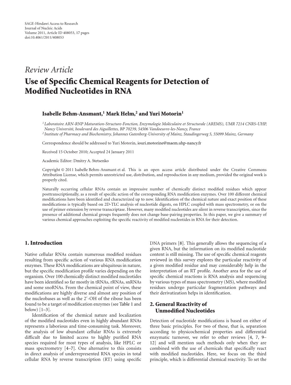 Use of Specific Chemical Reagents for Detection of Modified Nucleotides