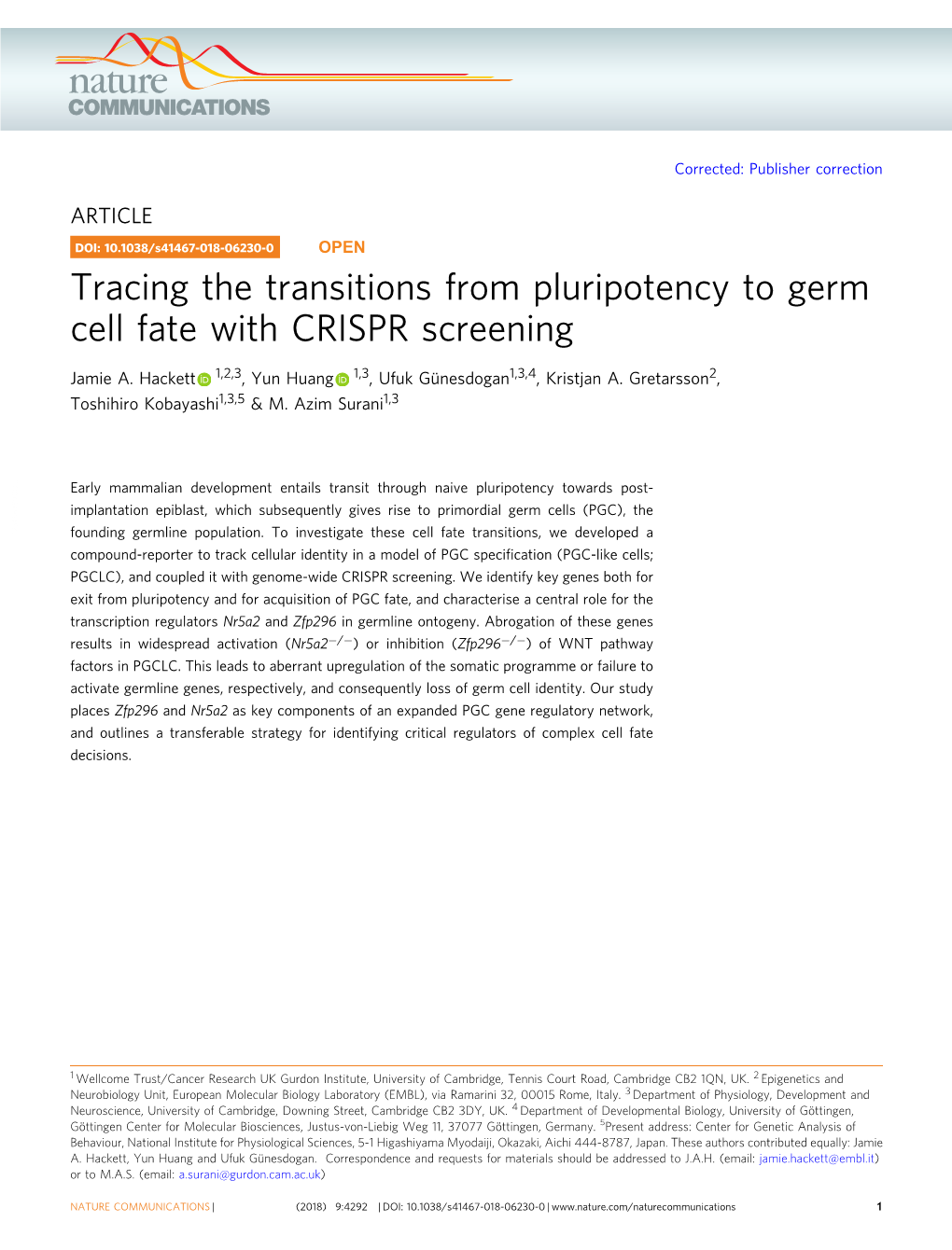 Tracing the Transitions from Pluripotency to Germ Cell Fate with CRISPR Screening