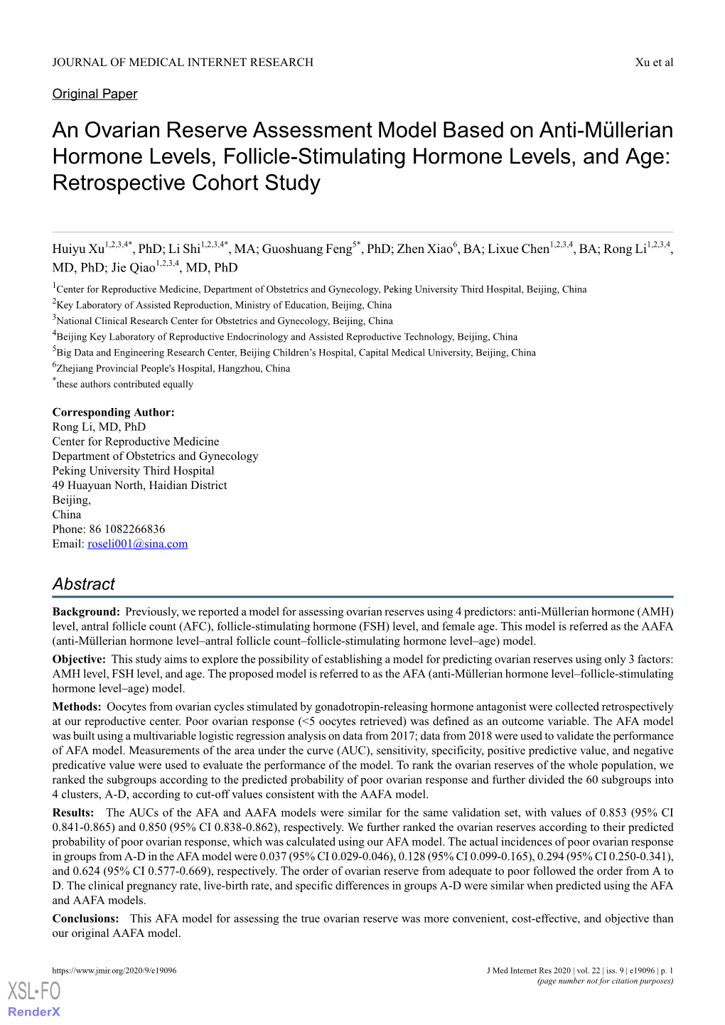 An Ovarian Reserve Assessment Model Based on Anti-Müllerian Hormone Levels, Follicle-Stimulating Hormone Levels, and Age: Retrospective Cohort Study