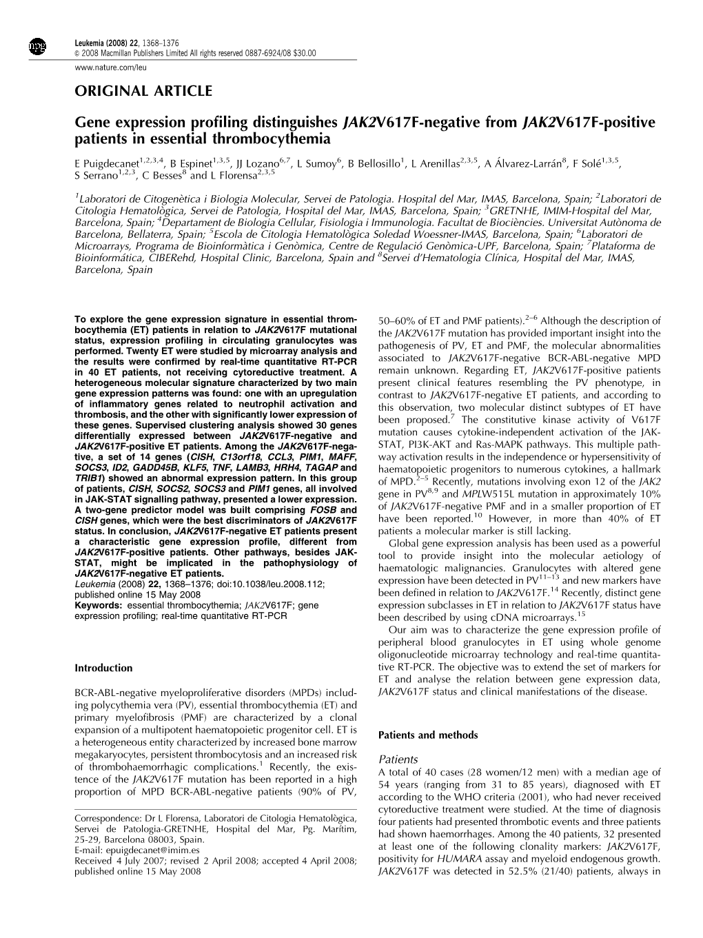 Gene Expression Profiling Distinguishes JAK2 V617F-Negative