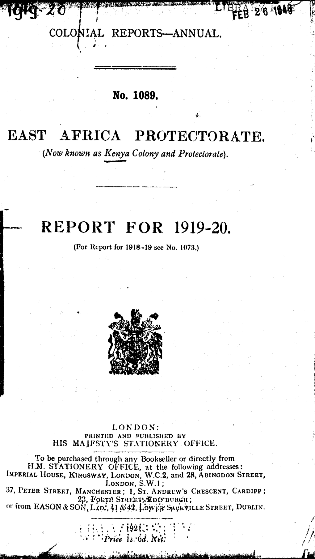 Annual Report of the Colonies, East Africa Protectorate, Kenya, 1919-20