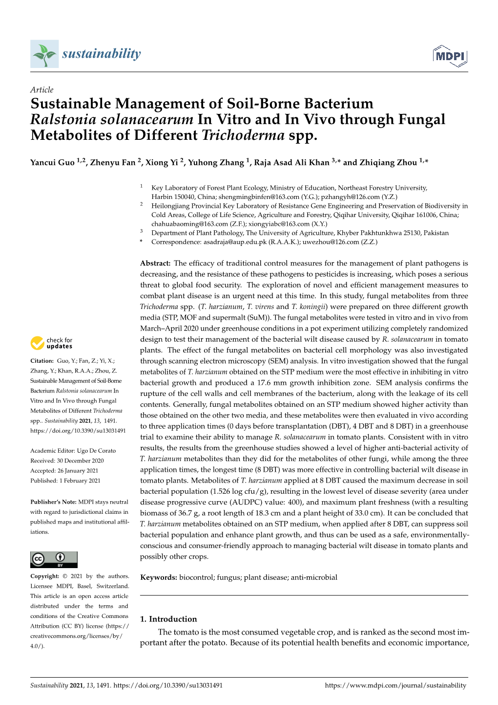 Sustainable Management of Soil-Borne Bacterium Ralstonia Solanacearum in Vitro and in Vivo Through Fungal Metabolites of Different Trichoderma Spp