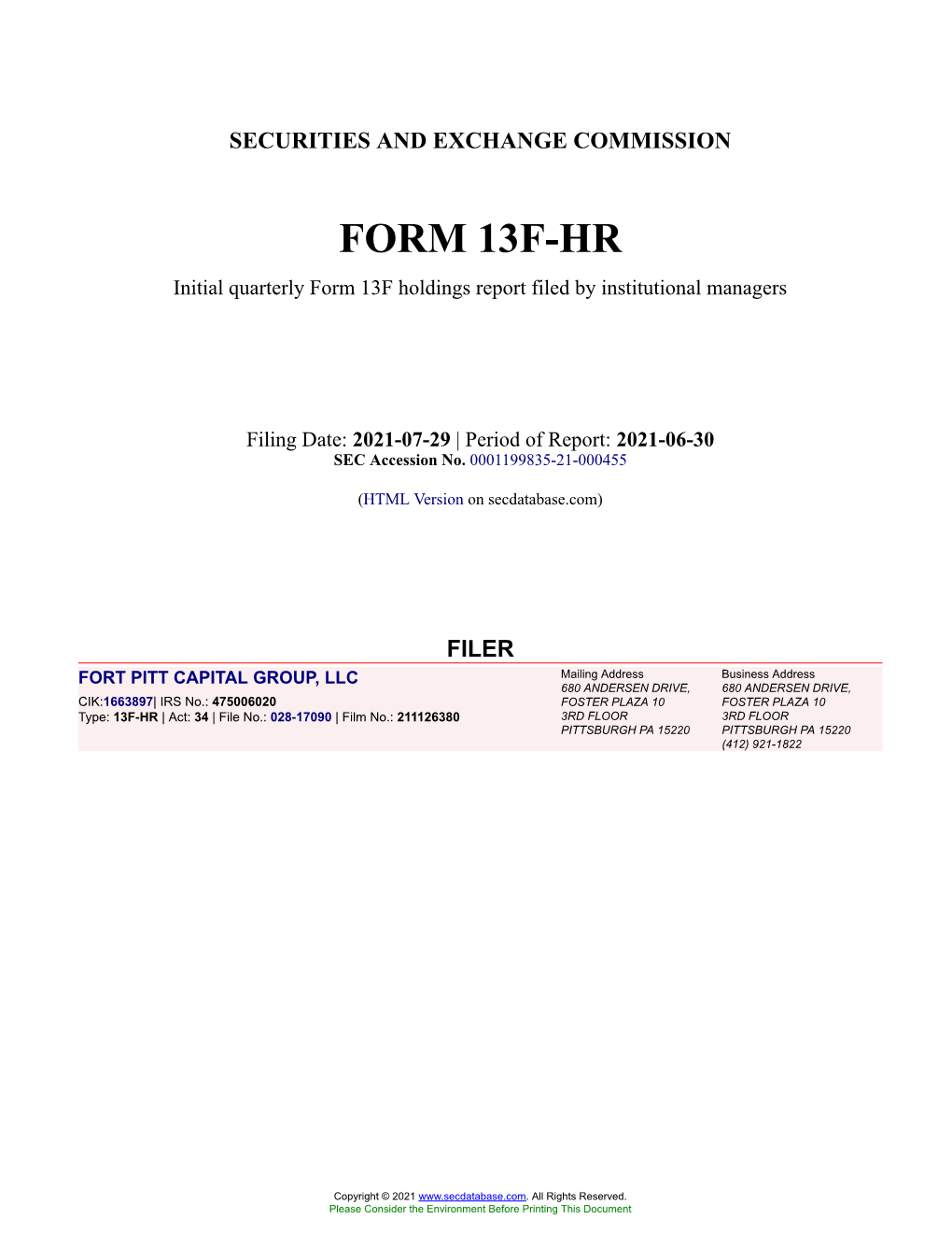 FORT PITT CAPITAL GROUP, LLC Form 13F-HR Filed 2021-07-29