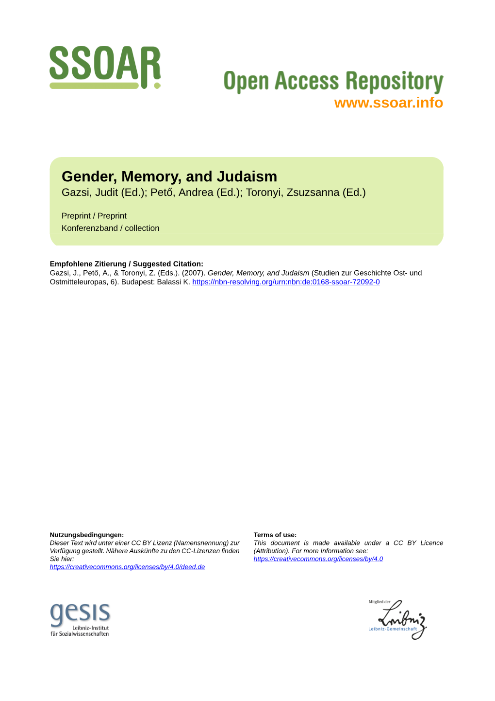 Gender, Memory, and Judaism Gazsi, Judit (Ed.); Pető, Andrea (Ed.); Toronyi, Zsuzsanna (Ed.)