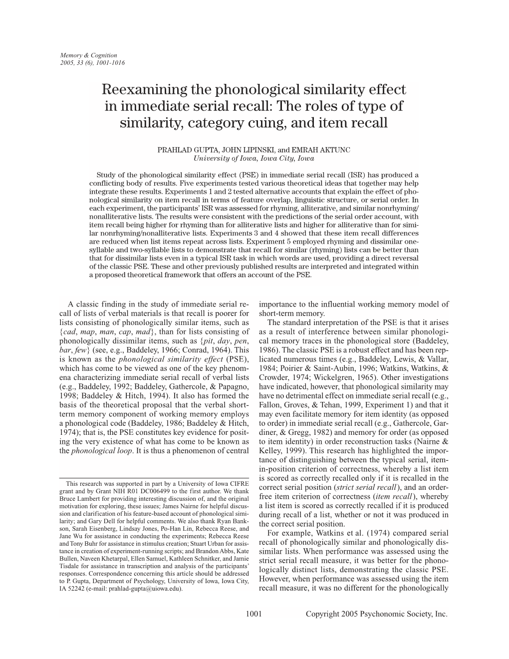 Reexamining the Phonological Similarity Effect in Immediate Serial Recall: the Roles of Type of Similarity, Category Cuing, and Item Recall