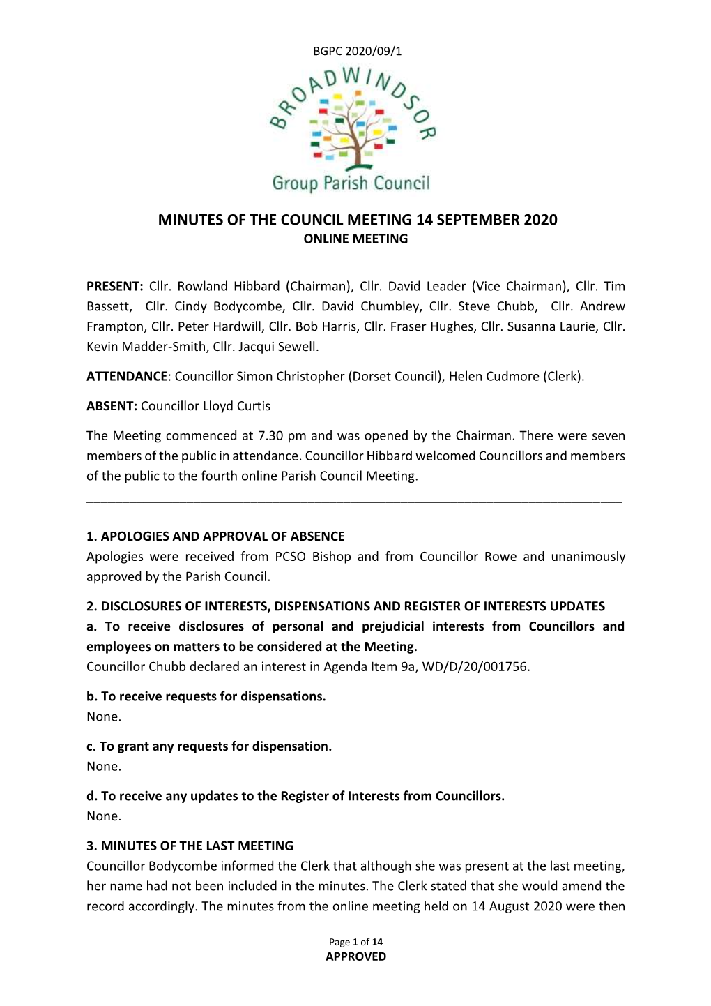 D Minutes of the Council Meeting 14 September 2020