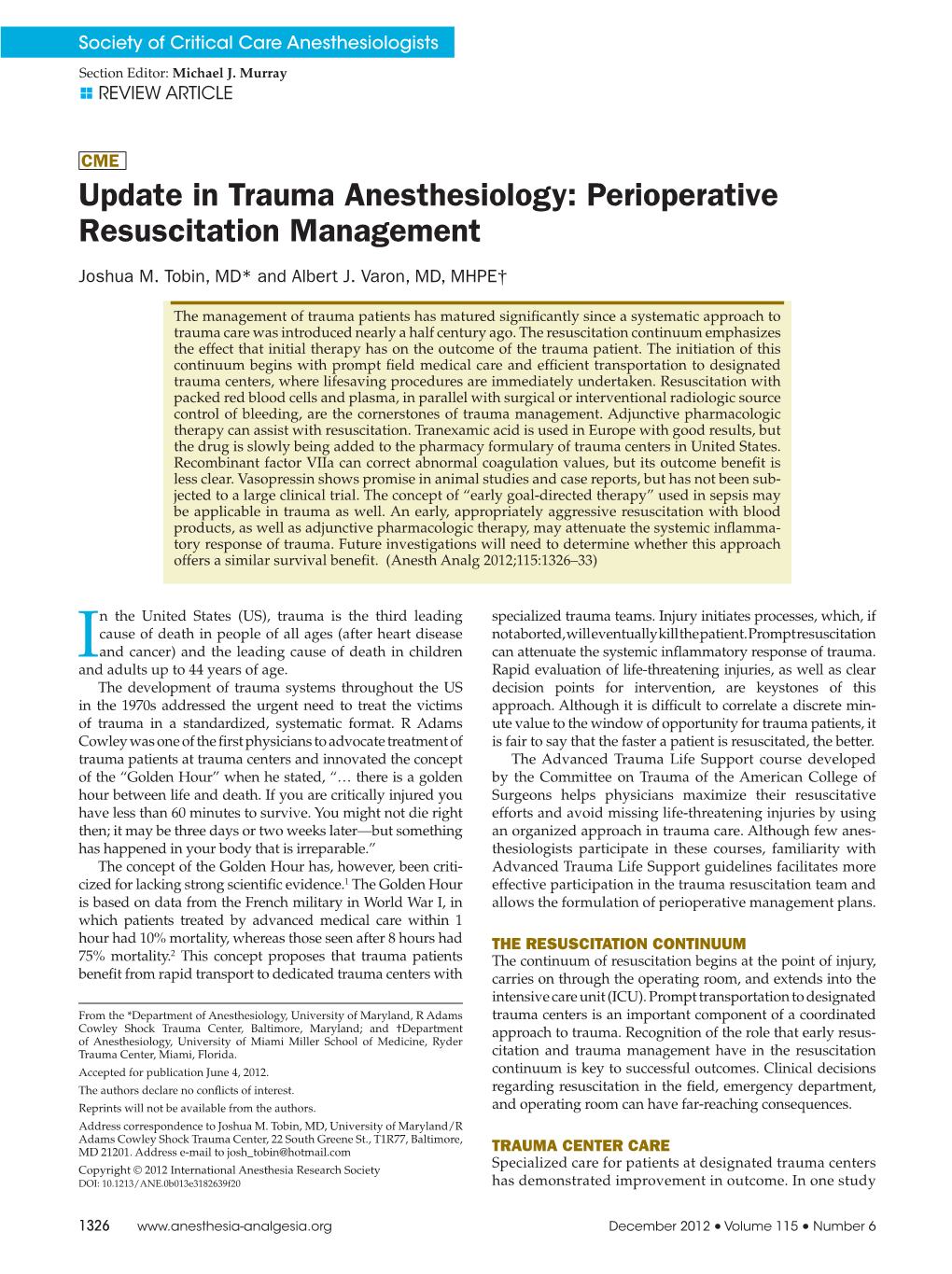 Update in Trauma Anesthesiology: Perioperative Resuscitation Management