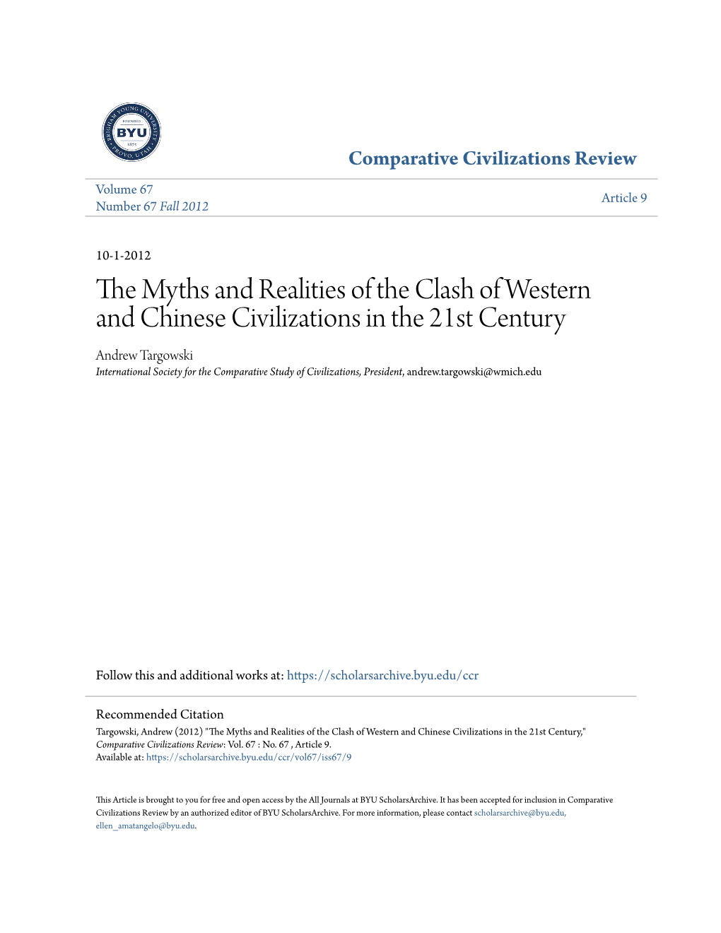 The Myths and Realities of the Clash of Western and Chinese Civil 76 Number 67, Fall 2012