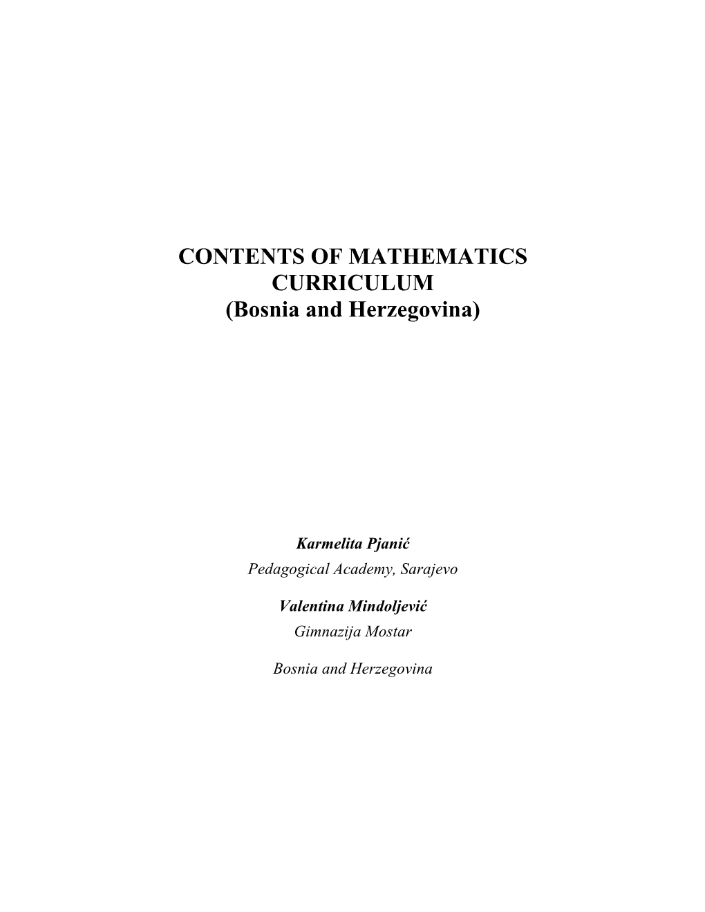 CONTENTS of MATHEMATICS CURRICULUM (Bosnia and Herzegovina)