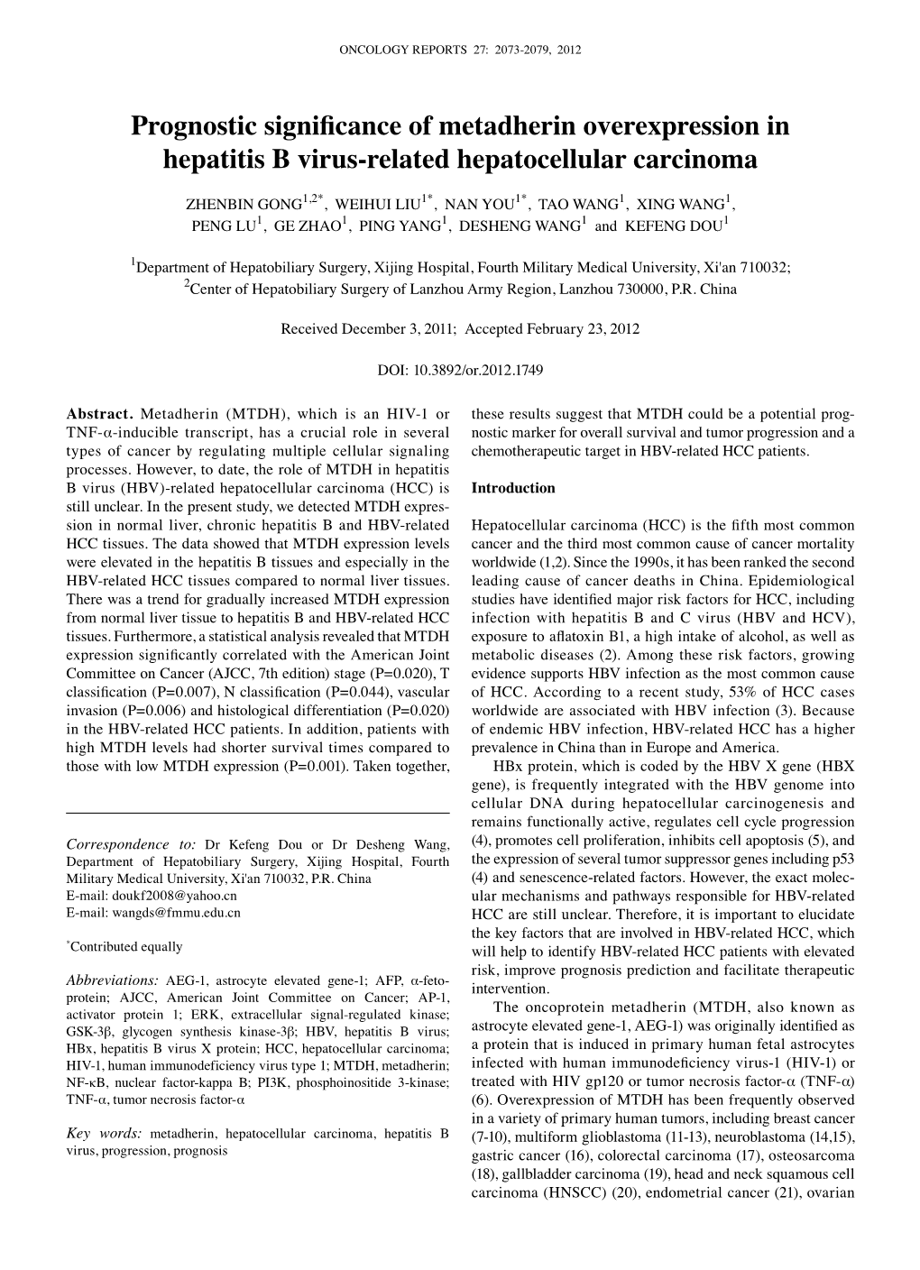 Prognostic Significance of Metadherin Overexpression in Hepatitis B Virus-Related Hepatocellular Carcinoma