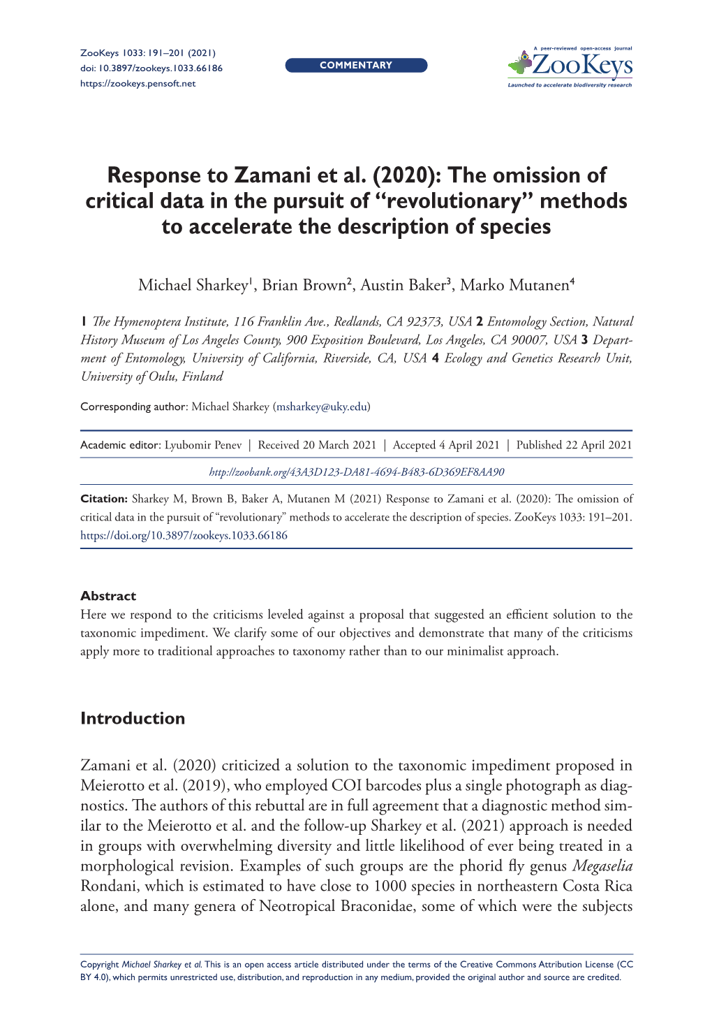 Response to Zamani Et Al. (2020): the Omission of Critical Data in the Pursuit of “Revolutionary” Methods to Accelerate the Description of Species