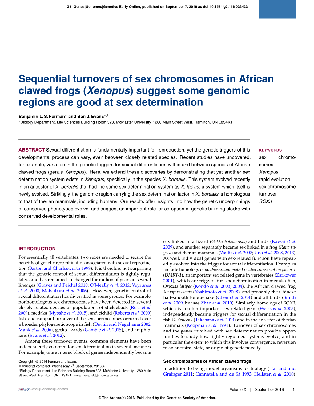 Sequential Turnovers of Sex Chromosomes in African Clawed Frogs (Xenopus) Suggest Some Genomic Regions Are Good at Sex Determination