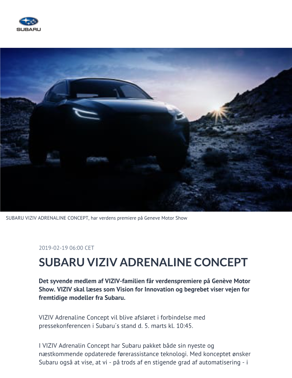 SUBARU VIZIV ADRENALINE CONCEPT, Har Verdens Premiere På Geneve Motor Show