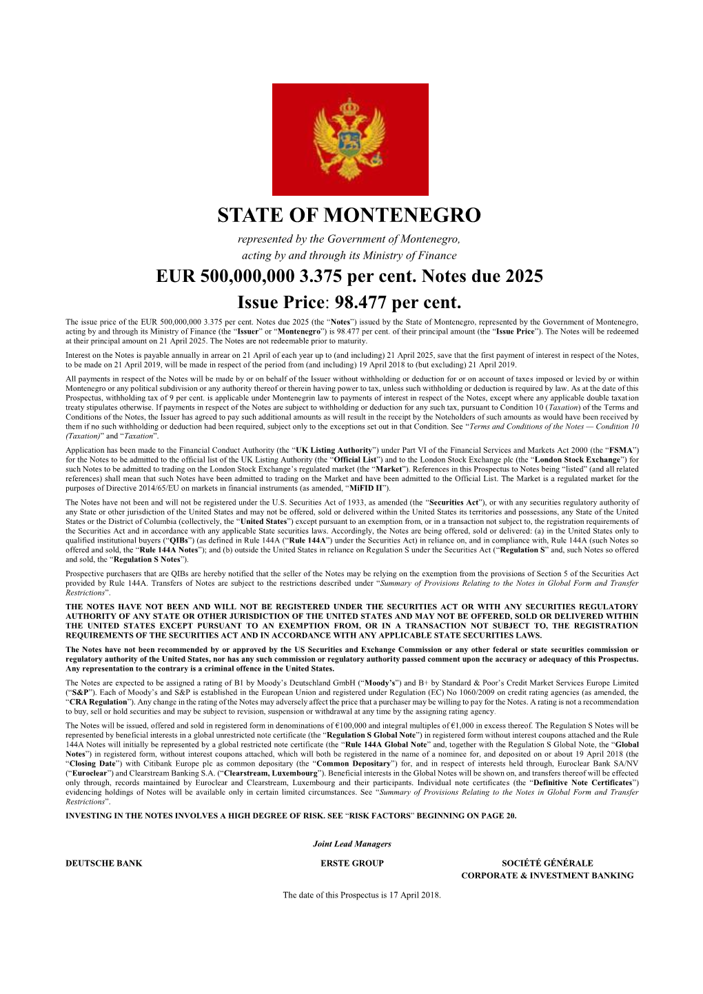 STATE of MONTENEGRO Represented by the Government of Montenegro, Acting by and Through Its Ministry of Finance EUR 500,000,000 3.375 Per Cent