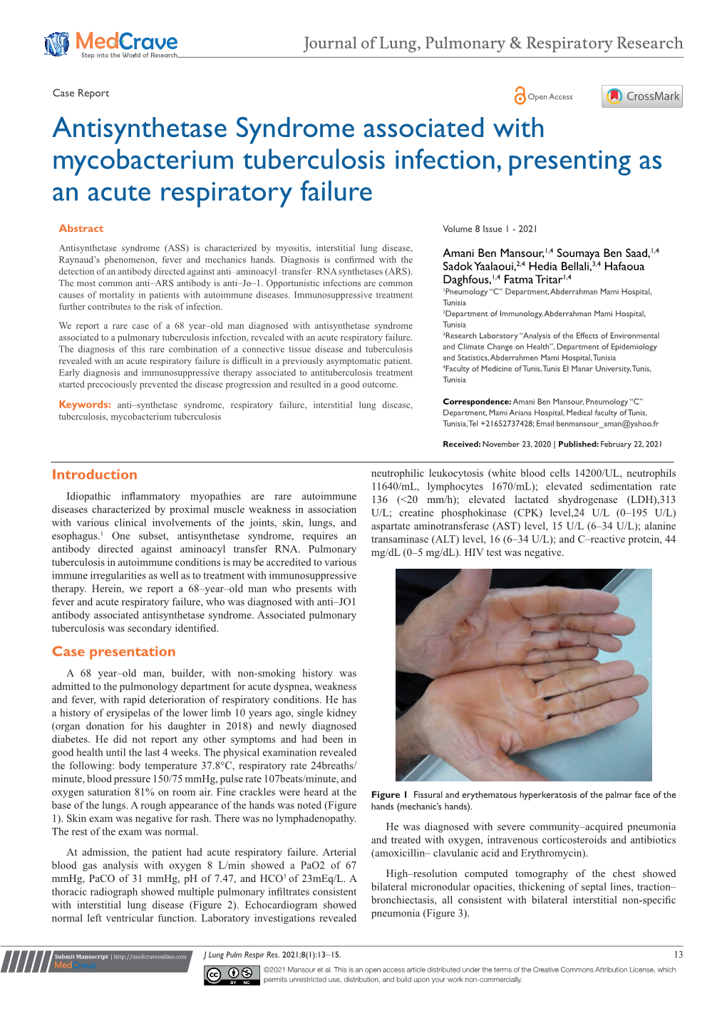 Antisynthetase Syndrome Associated with Mycobacterium Tuberculosis Infection, Presenting As an Acute Respiratory Failure