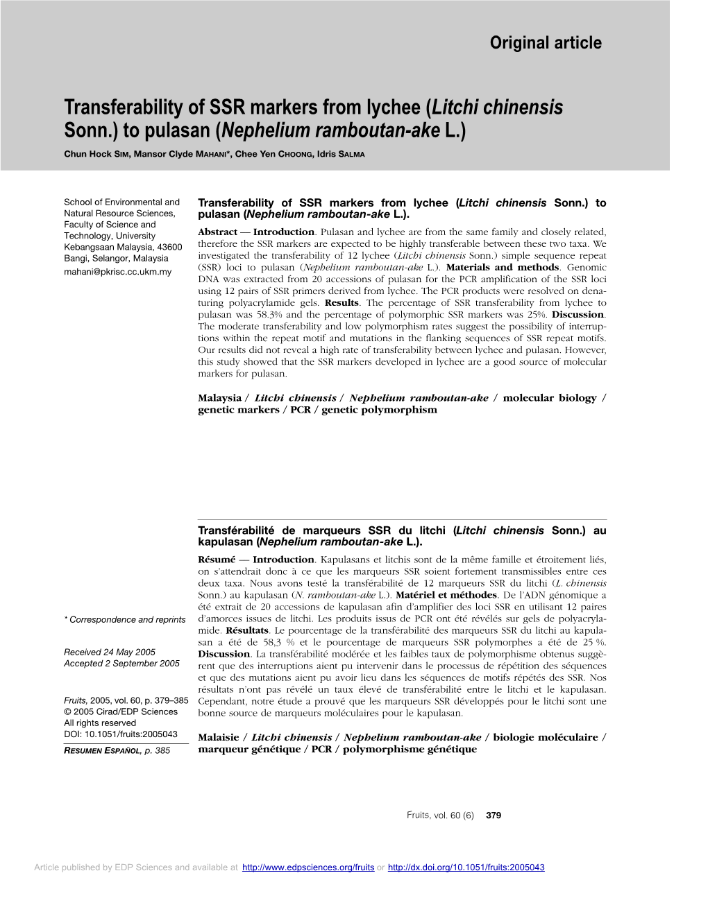 Transferability of SSR Markers from Lychee \(Litchi Chinensis Sonn.\)