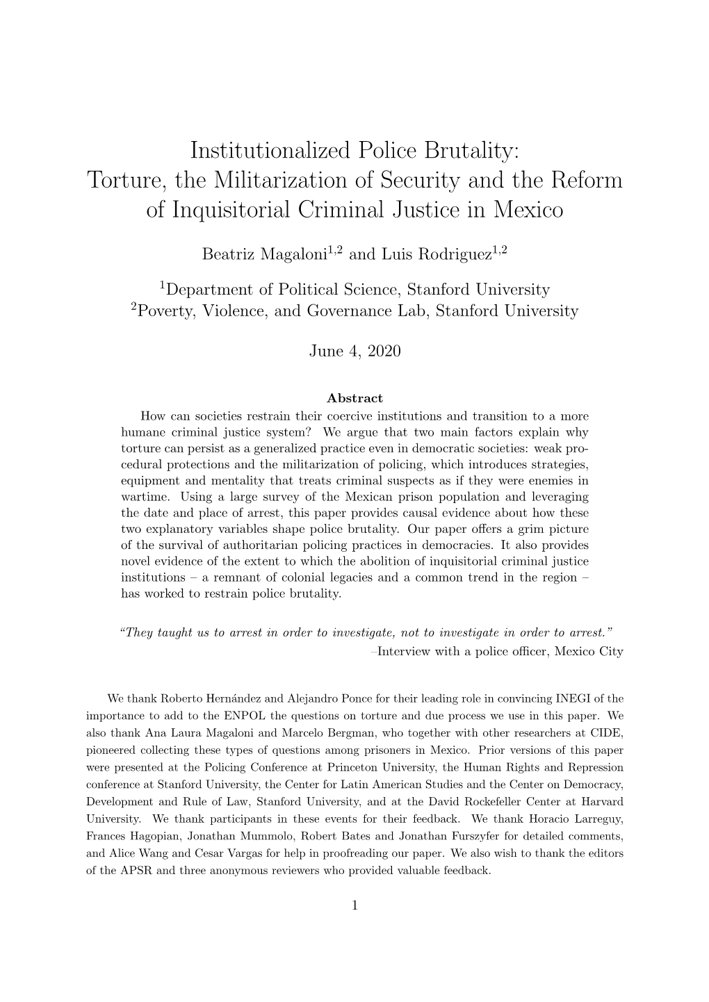 Institutionalized Police Brutality: Torture, the Militarization of Security and the Reform of Inquisitorial Criminal Justice in Mexico